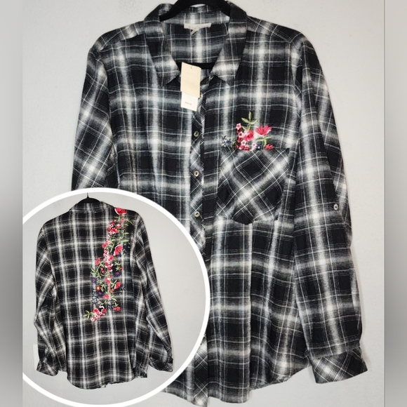 NWT Skies Are Blue Floral Embroidered Black White Plaid Button Shirt Size 1X - Picture 1 of 14